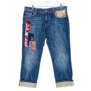 CAbi Blue Cropped Jeans with Multicolor Patchwork